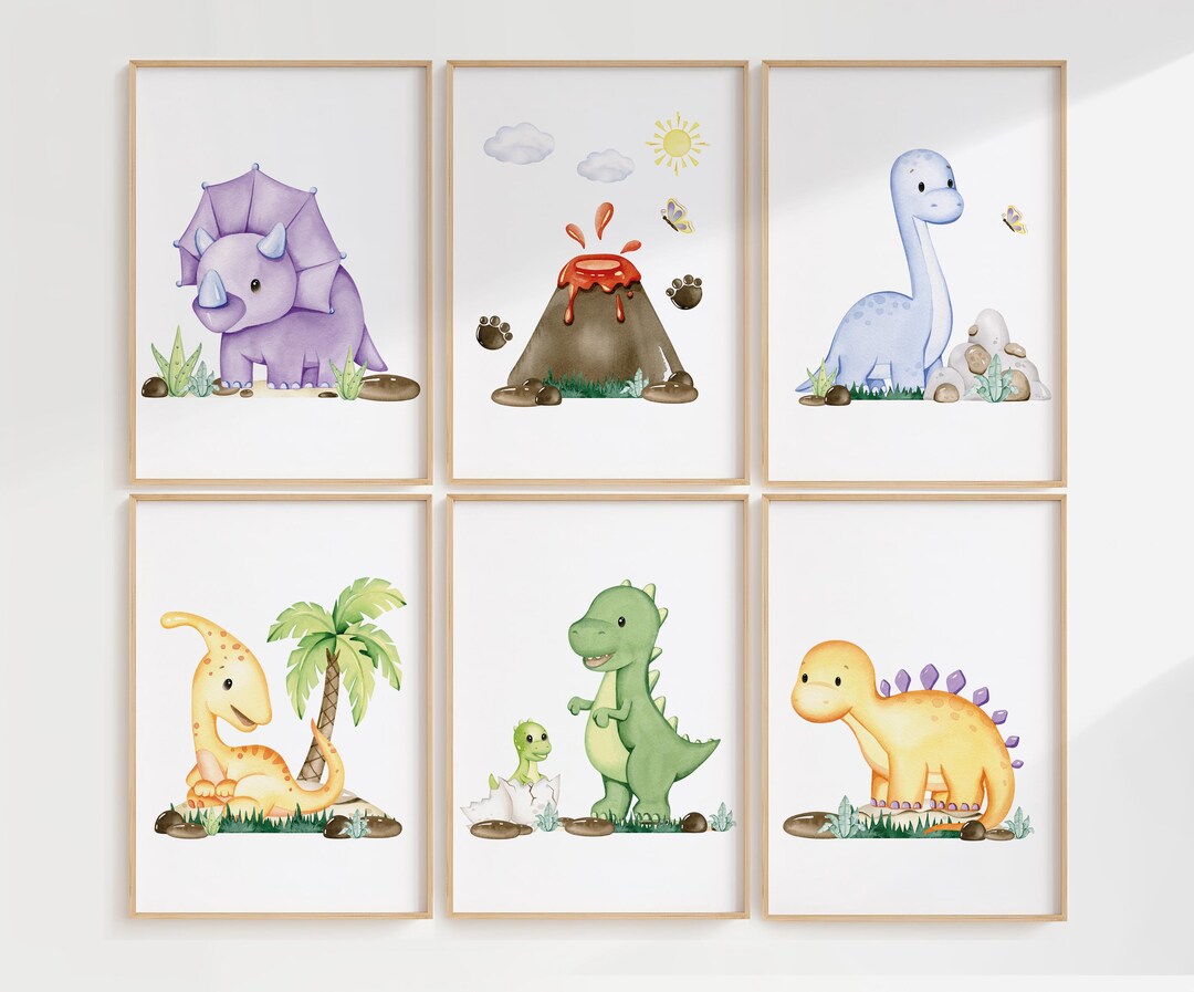 Dinosaurs Wall Art Set of 6 Prints, Boys Room Decor, Playroom Wall Art ...