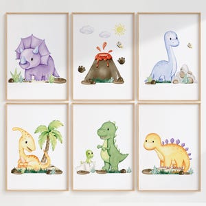 Dinosaurs Wall Art Set of 6 Prints, Boys Room Decor, Playroom Wall Art Nursery Dinosaurs Themed Posters, Printable Digital Download