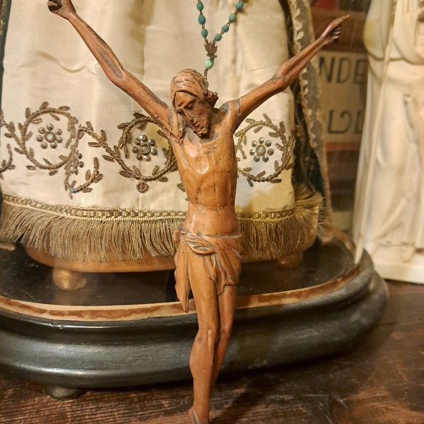 Antique 19th Century Height 22 Cm incl. the Arms Religious Catholic Fine Hand Carved Wooden Christy Corpus Sculpture Figure of Jesus
