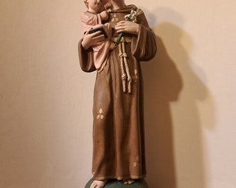 Large 44.5 Cm Antique Circa 1920, Religious Hand-painted Plaster Statue Saint Anthony of the Abbot with Child Jesus Chapel Altar Statue