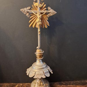 Antique circa 1860&#39;s from Monastery from Belgium Gothic Altar Standing Bronze Metal Crucifix with Jesus Christ Corpus Snake Height 44 Cm