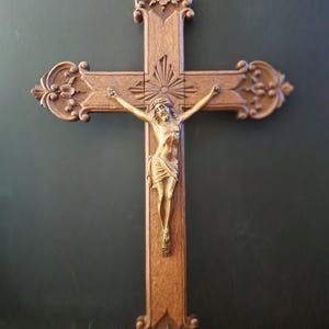 Antique 1900 50 Cm From Church Of Belgium Which Is Closed Hand Carved Wooden Wall Crucifix With Art Nouveau Motif Bronze Jesus Corpus