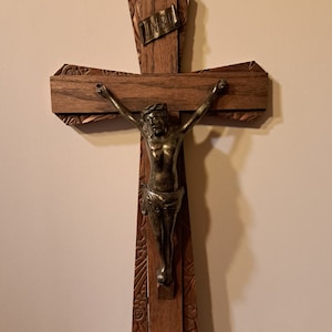 Antique circa 1920 Belgium Large 49.5 Cm Carved Wooden Art Deco Wall Crucifix with Metal Jesus Corpus