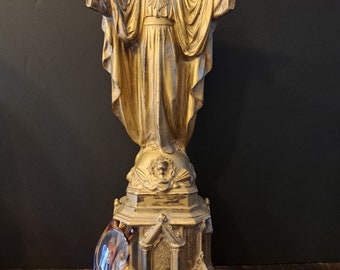 Circa 1880 Antiek Groot 46.5 Cm Zwaar 4.6 Kilo Religieus Metalen Beeld Jezus Christus Heilig Hart uit Klooster Belgié  Staand Altaar Beeld
