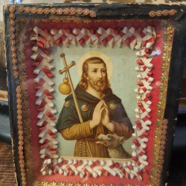 Antique Circa 1860 French Reliquary Diorama Under Glass Lithograph of Saint Rochesmet Paper Rolls French Monastic Work Made by Nuns