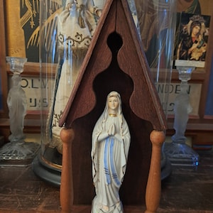 Vintage Hand-Carved Wooden Chapel with Holy Statue of Our Lady of Lourdes in Porcelain