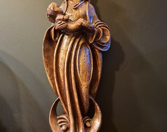 Vintage Circa 1940 Plâtre Sculpture Religieuse Madone Vierge Marie avec l'Enfant Jésus sur Croissant Maison Autel Chapelle Autel Sculpture Hauteur 61 Cm