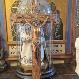 Antique Circa 1880 Large 60.5 Cm From Monastery of Belgium Carved Wooden Wall Crucifix with Metal Inri Jesus Christ Corpus