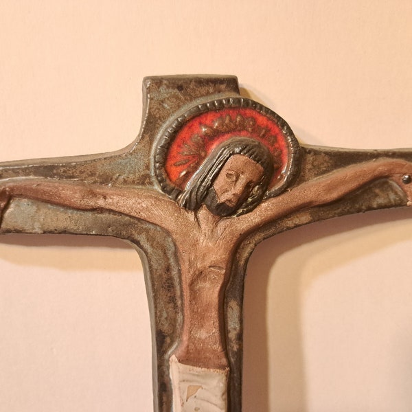 Large 35.5 cm From Monastery Mid Century 1960s 70s Handmade Terra Cotta Pottery Ceramics Wall Crucifix Jesus Christ Corpus
