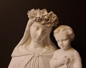 Prachtig Antiek Circa 1880 Hoogte 44.5Cm 3.5 Kilo Wit Bisque Porselein Maagd Maria Madonna met Kindje Baby Jesus Kapel Altaar Klooster Beeld