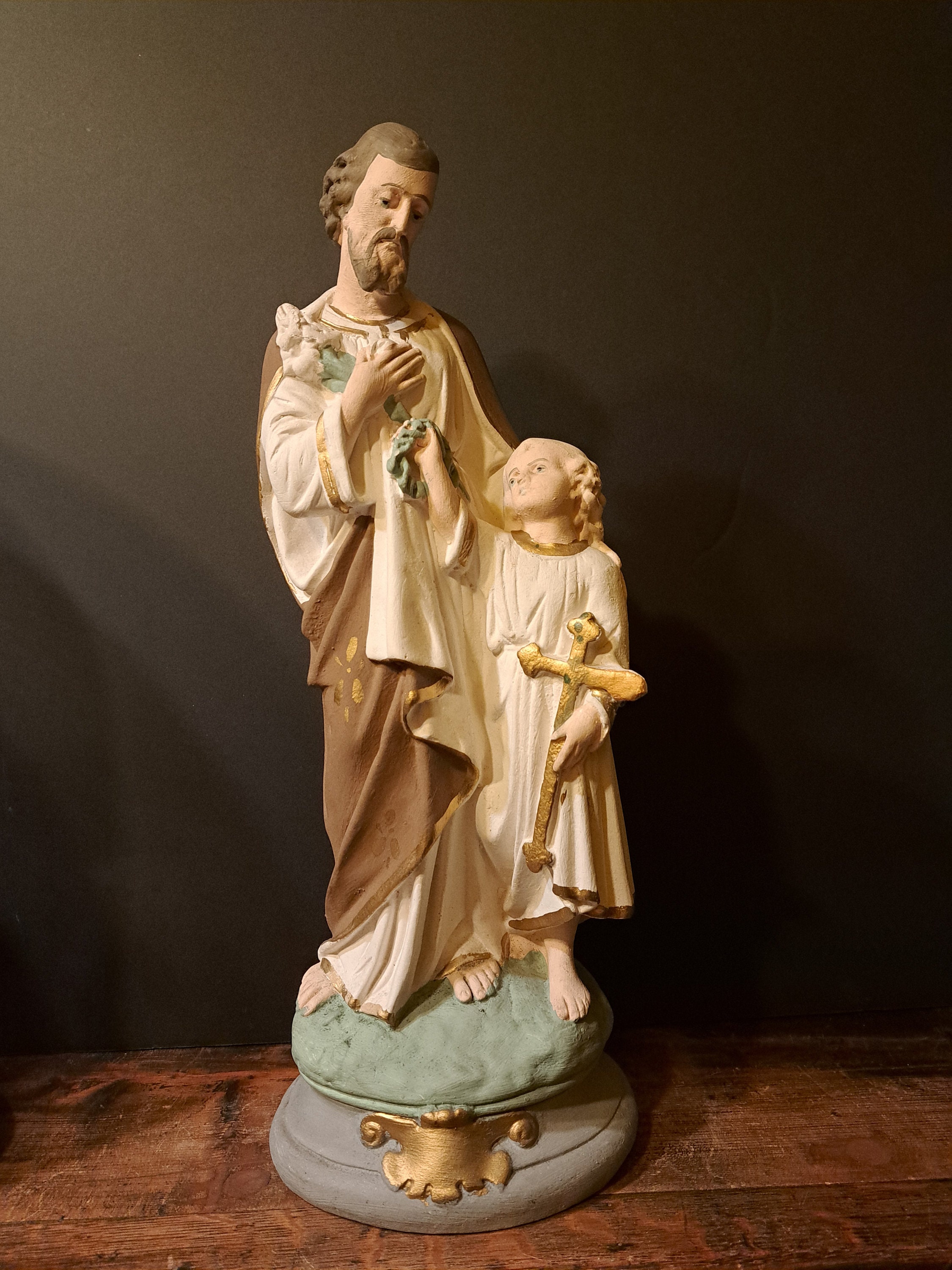 Large 45.5 Cm Antique Circa 1920 Religious Catholic Hand Painted Chalkwork Statue St Joseph with Child Jesus Standing Chapel Altar Statue