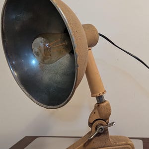 May include: An antique desk lamp with a beige, weathered finish. The lamp features a large, rounded shade with a silver interior, a pivoting arm, and a base with a wing nut for adjustment. A visible lightbulb is inside the shade.