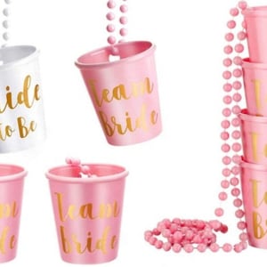 10 PACK - Team Bride/ Bride to Be Plastic Beaded Bridal Shot Glass Necklace, Bride to be Bachelorette Party Supplies, wedding party favors