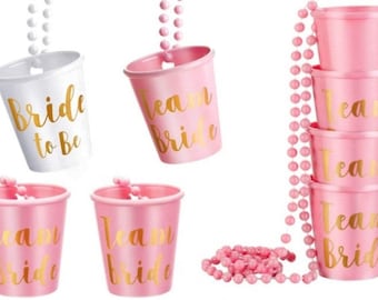 10 PACK - Team Bride/ Bride to Be Plastic Beaded Bridal Shot Glass Necklace, Bride to be Bachelorette Party Supplies, wedding party favors