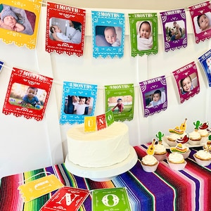 Mexican Fiesta Party Decorations Banner 1st Birthday Photo Banner in Papel Picado Newborn to 12 Month First Fiesta, Taco Bout, Uno Party