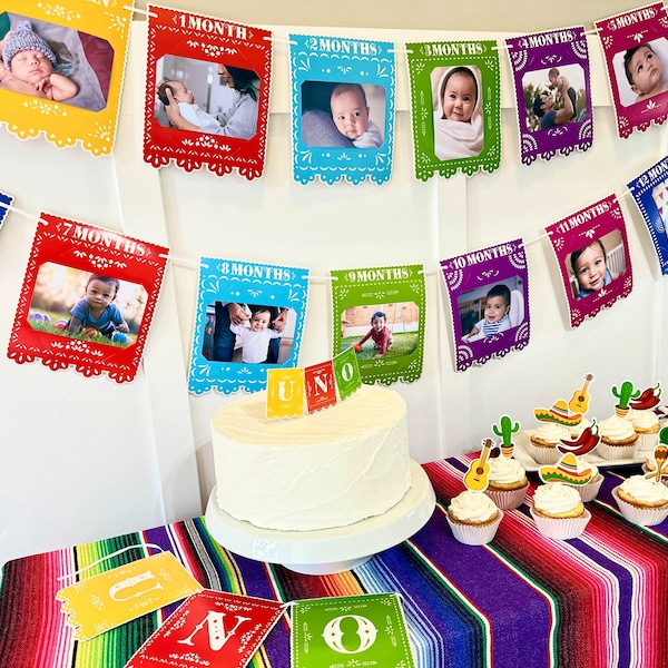 Mexican Fiesta Party Decorations Banner 1st Birthday Photo Banner in Papel Picado Newborn to 12 Month First Fiesta, Taco Bout, Uno Party