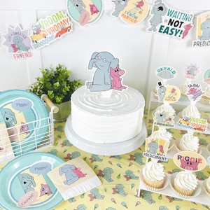 May include: A party scene featuring a white cake with a cartoon elephant and pig topper, cupcakes, plates, napkins, and a banner. The theme is a children's party with illustrations and text like "Piggle!" and "Waiting is Not Easy!"