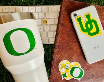 Oregon Ducks Stickers (14 Pieces) 2 car window (5") + 10 mug (2") + 2 mini keyboard decals University of Oregon Gift for Men/Women