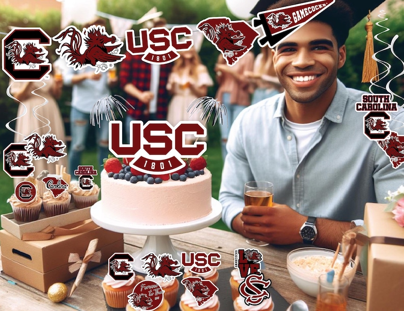 May include: A graduation party celebration with a University of South Carolina theme. Decorations include a cake with the USC logo, cupcakes with the school mascot, and a banner with the words "Gamecocks".