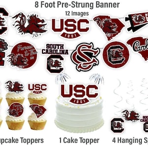 May include: A set of 12 South Carolina Gamecocks themed party decorations. The set includes an 8 foot pre-strung banner, 24 cupcake toppers, 1 cake topper, and 4 hanging spirals. The banner features the Gamecocks mascot, the school's logo, and the words "Gamecocks" and "Carolina". The cupcake toppers feature the mascot, the logo, and the words "USC" and "Forever to the Gamecocks". The cake topper features the school's logo and the words "USC 1801". The hanging spirals are white and feature the school's logo.