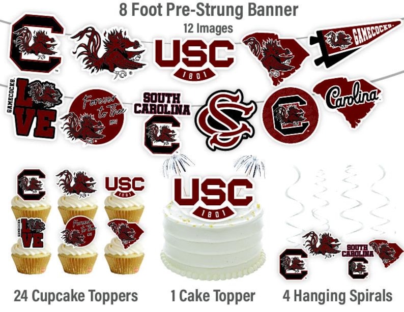 May include: A set of 12 South Carolina Gamecocks themed party decorations. The set includes an 8 foot pre-strung banner, 24 cupcake toppers, 1 cake topper, and 4 hanging spirals. The banner features the Gamecocks mascot, the school's logo, and the words "Gamecocks" and "Carolina". The cupcake toppers feature the mascot, the logo, and the words "USC" and "Forever to the Gamecocks". The cake topper features the school's logo and the words "USC 1801". The hanging spirals are white and feature the school's logo.