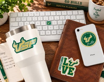 University of South Florida Stickers: 2 Large 5" for Car,  10 Medium 2" for Water Bottles, 2 Mini USF Bulls Sticker Gift Set (14 Stickers)