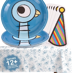 May include: A stack of blue paper plates featuring a cartoon bird illustration, a set of cone-shaped party hats with colorful stripes, and a white table covering with blue line art patterns and text that reads Serves 12+ Coloring Page Table Covering.