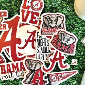 Alabama Crimson Tide Stickers (14 Pieces) 2 car window (5&quot;) + 10 waterbottle (2&quot;) + 2 mini keyboard decals Alabama Gift for Men and Women