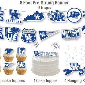 Może przedstawiać: Dekoracje na przyjęcie Kentucky Wildcats, w tym 2,4-metrowy baner z 12 obrazkami, 24 ozdobami do babeczek, 1 ozdobą do tortu i 4 wiszącymi spiralami. Baner zawiera logo Kentucky Wildcats, słowa "Kentucky Wildcats" i zdanie "Meet Me On The Hill". Ozdoby do babeczek zawierają logo Kentucky Wildcats, słowa "Kentucky Wildcats" i zdanie "Big Blue Nation". Ozdoba do tortu zawiera logo Kentucky Wildcats i słowa "Kentucky Wildcats". Wiszące spirale są srebrne.
