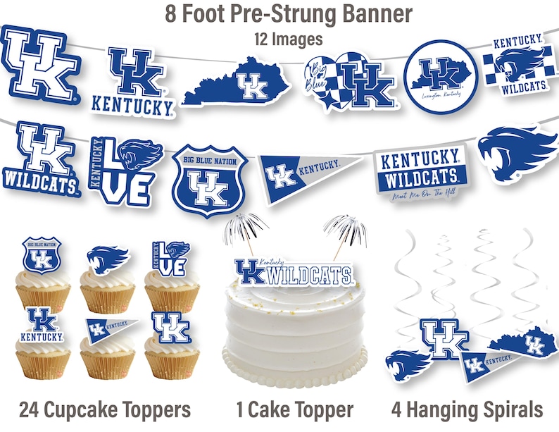 Może przedstawiać: Dekoracje na przyjęcie Kentucky Wildcats, w tym 2,4-metrowy baner z 12 obrazkami, 24 ozdobami do babeczek, 1 ozdobą do tortu i 4 wiszącymi spiralami. Baner zawiera logo Kentucky Wildcats, słowa "Kentucky Wildcats" i zdanie "Meet Me On The Hill". Ozdoby do babeczek zawierają logo Kentucky Wildcats, słowa "Kentucky Wildcats" i zdanie "Big Blue Nation". Ozdoba do tortu zawiera logo Kentucky Wildcats i słowa "Kentucky Wildcats". Wiszące spirale są srebrne.