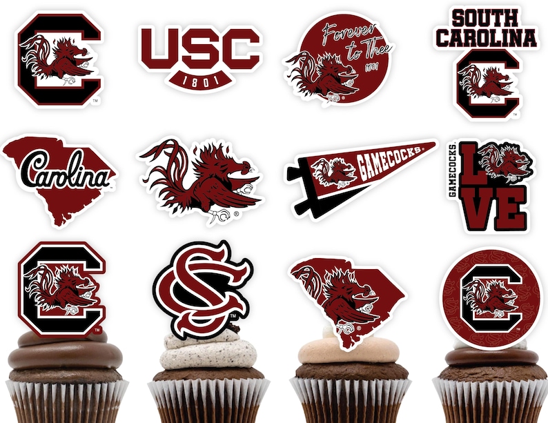 May include: Twelve cupcake toppers featuring the University of South Carolina Gamecocks logo, mascot, and other related imagery. The toppers are printed on white paper and feature a variety of designs, including the school's colours of garnet and black.