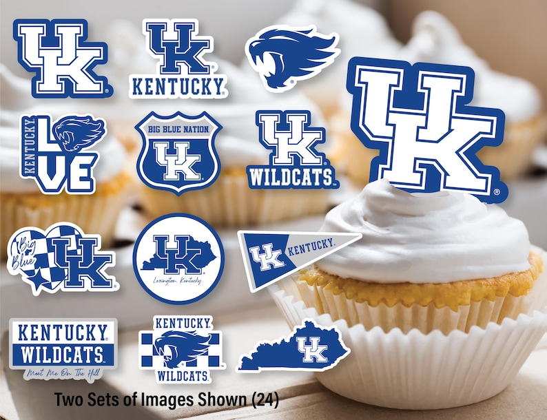 Może przedstawiać: Dwa zestawy po 12 niebieskich i białych naklejek Kentucky Wildcats. Naklejki przedstawiają logo drużyny, maskotkę i inne wzory. Naklejki idealnie nadają się do dekorowania laptop&oacute;w, butelek z wodą i innych przedmiot&oacute;w.