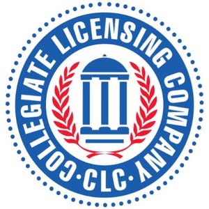 Peut inclure: Logo circulaire bleu et blanc avec le texte "Collegiate Licensing Company" et "CLC" dans un cercle blanc. Le logo pr&eacute;sente &eacute;galement une couronne de laurier rouge et blanche entourant un b&acirc;timent bleu &agrave; trois colonnes.
