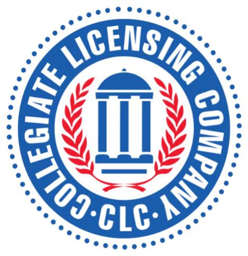 Peut inclure: Logo circulaire bleu et blanc avec le texte "Collegiate Licensing Company" et "CLC" dans un cercle blanc. Le logo pr&eacute;sente &eacute;galement une couronne de laurier rouge et blanche entourant un b&acirc;timent bleu &agrave; trois colonnes.