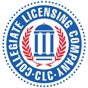 May include: Blue and white circular logo with the text "Collegiate Licensing Company" and "CLC" in a white circle. The logo also features a red and white laurel wreath surrounding a blue building with three columns.