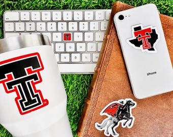 The NEW Texas Tech Stickers (14 Pieces) 2 car window (5") + 10 waterbottle (2") + 2 mini keyboard decals Texas Tech Gift for Men and Women