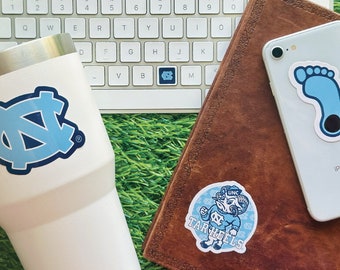 North Carolina Stickers (14 Pieces) 2 car window (5") + 10 waterbottle (2") + 2 mini keyboard decals UNC Tar Heels Gift for Men and Women