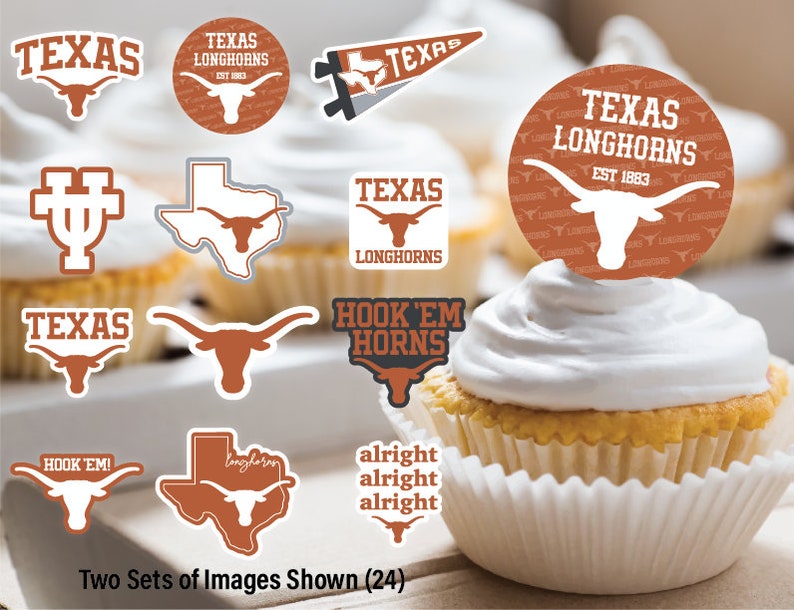 Peut inclure: Deux ensembles d'images repr&eacute;sentant le logo des Longhorns de l'Universit&eacute; du Texas. Les images comprennent la mascotte Longhorn, l'&eacute;tat du Texas, les mots "Hook 'em Horns" et les mots "Texas Longhorns Est. 1883".