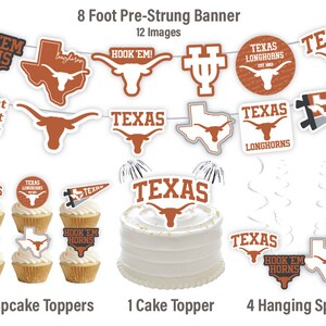 Peut inclure: Un ensemble de d&eacute;corations de f&ecirc;te Texas Longhorns, comprenant une banni&egrave;re pr&eacute;-enfil&eacute;e de 2,4 m&egrave;tres, 24 d&eacute;corations de cupcakes, 1 d&eacute;coration de g&acirc;teau et 4 spirales suspendues. La banni&egrave;re pr&eacute;sente le logo des Texas Longhorns, les mots "Hook 'em Horns" et la phrase "Alright, alright, alright". Les d&eacute;corations de cupcakes pr&eacute;sentent le logo des Texas Longhorns, les mots "Hook 'em Horns" et la lettre "T". La d&eacute;coration de g&acirc;teau pr&eacute;sente le logo des Texas Longhorns et les mots "Texas Longhorns". Les spirales suspendues pr&eacute;sentent le logo des Texas Longhorns et les mots "Hook 'em Horns".
