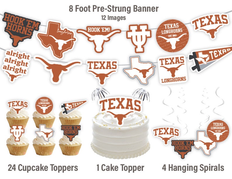 Peut inclure: Un ensemble de d&eacute;corations de f&ecirc;te Texas Longhorns, comprenant une banni&egrave;re pr&eacute;-enfil&eacute;e de 2,4 m&egrave;tres, 24 d&eacute;corations de cupcakes, 1 d&eacute;coration de g&acirc;teau et 4 spirales suspendues. La banni&egrave;re pr&eacute;sente le logo des Texas Longhorns, les mots "Hook 'em Horns" et la phrase "Alright, alright, alright". Les d&eacute;corations de cupcakes pr&eacute;sentent le logo des Texas Longhorns, les mots "Hook 'em Horns" et la lettre "T". La d&eacute;coration de g&acirc;teau pr&eacute;sente le logo des Texas Longhorns et les mots "Texas Longhorns". Les spirales suspendues pr&eacute;sentent le logo des Texas Longhorns et les mots "Hook 'em Horns".