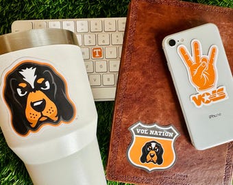 NEW Tennessee Vols Stickers (14 Pieces) 2 car window (5") + 10 mug (2") + 2 mini keyboard decals UT Gift for Men/Women