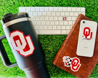 Oklahoma Stickers (14 Pieces) 2 car window (5") + 10 waterbottle (2") + 2 mini keyboard decals Oklahoma Sooners Gift for Men and Women