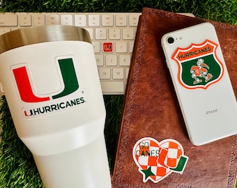 Miami Hurricanes Stickers (14 Pieces) 2 car window (5") + 10 mug (2") + 2 mini keyboard decals UMiami Gift for Men/Women