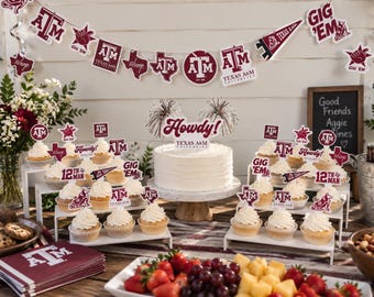 May include: A Texas A&M University themed party display featuring a white frosted cake with a Howdy topper, cupcakes with maroon and white logo picks, a pennant banner with the text Gig 'Em, and maroon and white napkins on a wooden table.