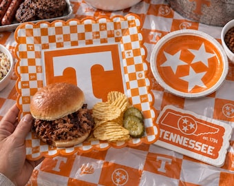 May include: A square paper plate with a scalloped edge featuring an orange and white checkerboard pattern and a large white letter T in the center. The plate holds a pulled pork sandwich, a small pile of ridged potato chips, and two pickle slices.