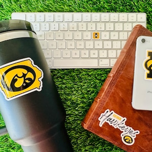 Iowa Stickers (14 Pieces) 2 car window (5&quot;) + 10 waterbottle (2&quot;) + 2 mini keyboard decals Iowa Hawkeyes Gift for Men and Women