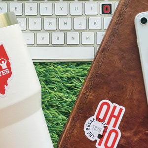 Ohio State Stickers (14 Pieces) 2 car window (5") + 10 waterbottle (2") + 2 mini keyboard decals OSU Buckeyes Gift for Men and Women