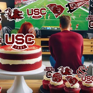 May include: A red velvet cake decorated with a University of South Carolina logo and a red and white cupcake with a Gamecock logo. The cake is on a white cake stand and the cupcakes are on a table with a red and white tablecloth. There are also several other Gamecock decorations in the background.