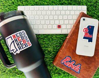 Ole Miss Stickers (14 Pieces) 2 car window (5") + 10 waterbottle (2") + 2 mini keyboard decals Ole Miss Rebels Gift for Men and Women