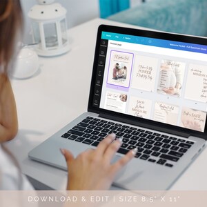 A person is using the Canva program on their computer. Canva is open to view all on a welcome packet or lead generator template. All pages are branded together in similar grey tones and have a beautiful soft minimal aesthetic.